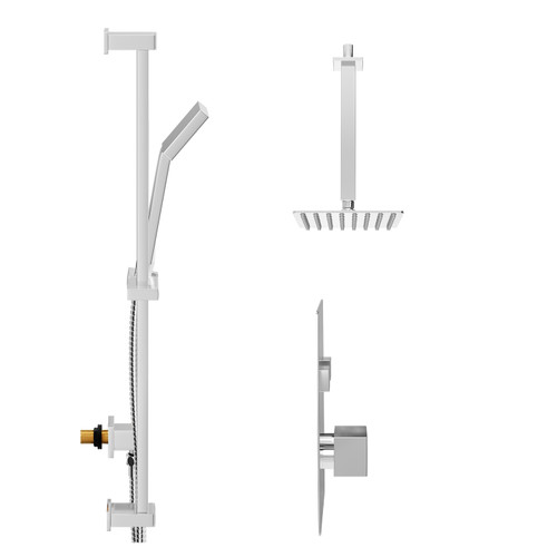 Cubix Polished Chrome Concealed Push Button Twin Shower Valve and 200mm Thin Square Fixed Head with 300mm Ceiling Arm and Thames Slide Rail Kit with Square Elbow - 2 Outlet Side View