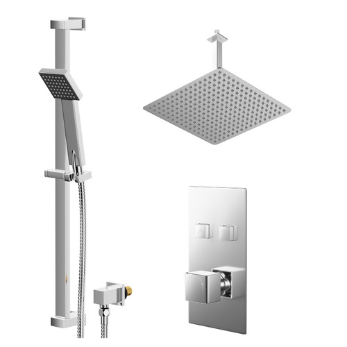 Cubix Polished Chrome Concealed Push Button Twin Shower Valve and 400mm Thin Square Fixed Head with 300mm Ceiling Arm and Thames Slide Rail Kit with Square Elbow - 2 Outlet Right Hand View