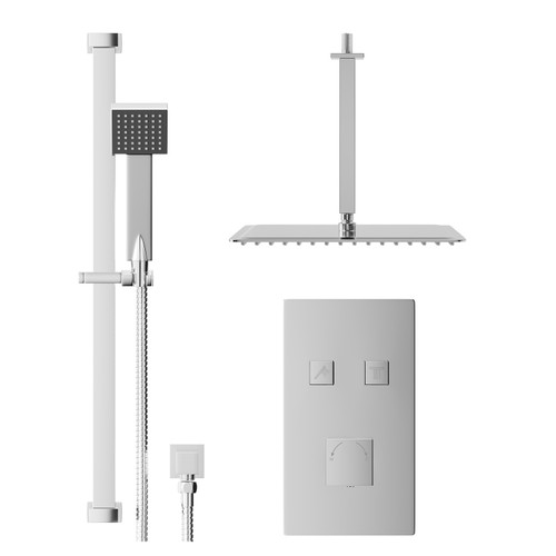 Cubix Polished Chrome Concealed Push Button Twin Shower Valve and 400mm Thin Square Fixed Head with 300mm Ceiling Arm and Thames Slide Rail Kit with Square Elbow - 2 Outlet Front View