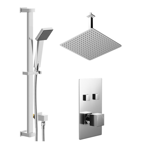 Cubix Polished Chrome Concealed Push Button Twin Shower Valve and 400mm Thin Square Fixed Head with 300mm Ceiling Arm and Thames Slide Rail Kit with Square Elbow - 2 Outlet Left Hand View