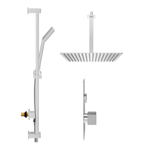Cubix Polished Chrome Concealed Push Button Twin Shower Valve and 400mm Thin Square Fixed Head with 300mm Ceiling Arm and Thames Slide Rail Kit with Square Elbow - 2 Outlet Side View