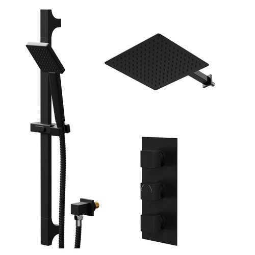 Colore Square Matt Black Concealed Triple Thermostatic Shower Valve and 300mm Thin Square Fixed Head with Wall Arm and Square Slide Rail Kit with Square Elbow - 2 Outlet Right Hand View