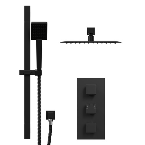 Colore Square Matt Black Concealed Triple Thermostatic Shower Valve and 300mm Thin Square Fixed Head with Wall Arm and Square Slide Rail Kit with Square Elbow - 2 Outlet Front View