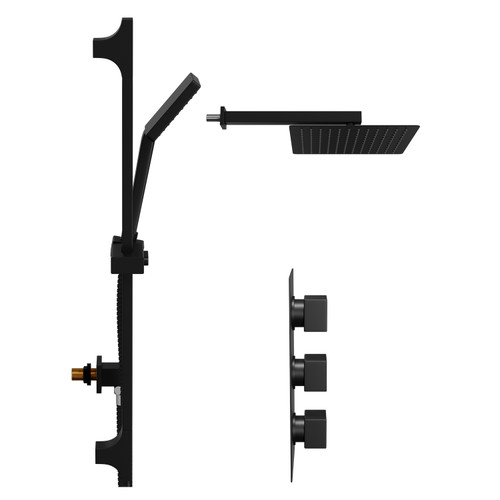 Colore Square Matt Black Concealed Triple Thermostatic Shower Valve and 300mm Thin Square Fixed Head with Wall Arm and Square Slide Rail Kit with Square Elbow - 2 Outlet Side View