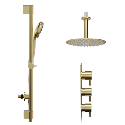 Colore Round Brushed Brass Concealed Triple Thermostatic Shower Valve and 200mm Thin Round Fixed Head with 150mm Ceiling Arm and Round Slide Rail Kit with Round Elbow - 2 Outlet Side View
