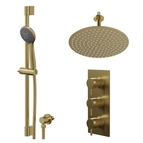 Colore Round Brushed Brass Concealed Triple Thermostatic Shower Valve and 300mm Thin Round Fixed Head with 150mm Ceiling Arm and Round Slide Rail Kit with Round Elbow - 2 Outlet Right Hand View