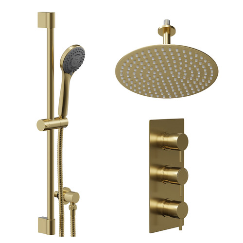Colore Round Brushed Brass Concealed Triple Thermostatic Shower Valve and 300mm Thin Round Fixed Head with 150mm Ceiling Arm and Round Slide Rail Kit with Round Elbow - 2 Outlet Left Hand View