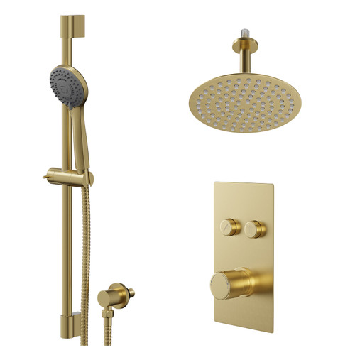 Colore Round Brushed Brass Concealed Push Button Shower Valve and 200mm Thin Round Fixed Head with 150mm Ceiling Arm and Round Slide Rail Kit with Round Elbow - 2 Outlet Right Hand View