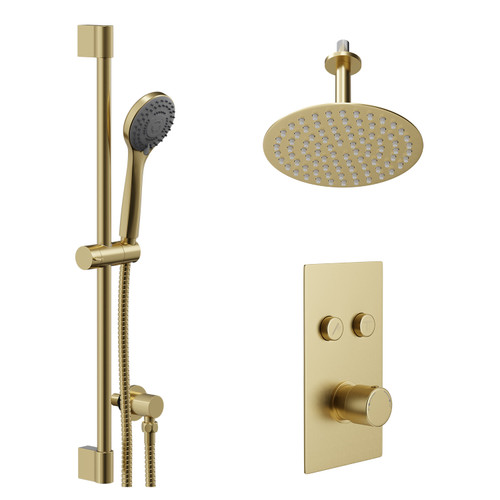 Colore Round Brushed Brass Concealed Push Button Shower Valve and 200mm Thin Round Fixed Head with 150mm Ceiling Arm and Round Slide Rail Kit with Round Elbow - 2 Outlet Left Hand View