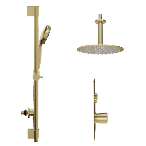 Colore Round Brushed Brass Concealed Push Button Shower Valve and 200mm Thin Round Fixed Head with 150mm Ceiling Arm and Round Slide Rail Kit with Round Elbow - 2 Outlet Side View