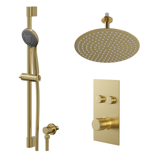 Colore Round Brushed Brass Concealed Push Button Shower Valve and 300mm Thin Round Fixed Head with 150mm Ceiling Arm and Round Slide Rail Kit with Round Elbow - 2 Outlet Right Hand View