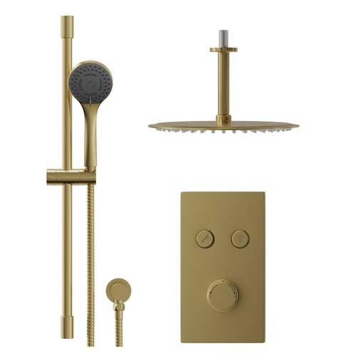 Colore Round Brushed Brass Concealed Push Button Shower Valve and 300mm Thin Round Fixed Head with 150mm Ceiling Arm and Round Slide Rail Kit with Round Elbow - 2 Outlet Front View