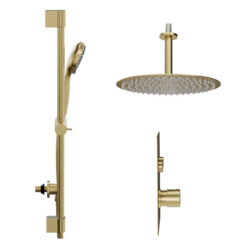 Colore Round Brushed Brass Concealed Push Button Shower Valve and 300mm Thin Round Fixed Head with 150mm Ceiling Arm and Round Slide Rail Kit with Round Elbow - 2 Outlet Side View