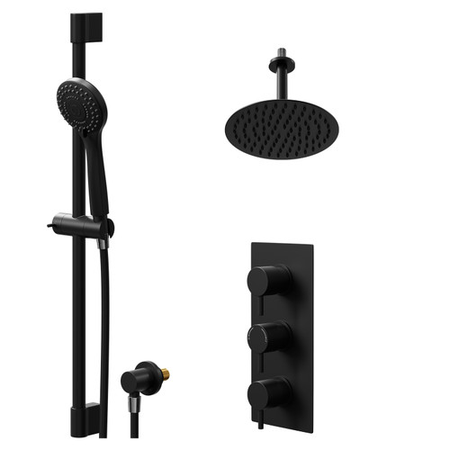 Colore Round Matt Black Concealed Triple Thermostatic Shower Valve and 200mm Thin Round Fixed Head with 150mm Ceiling Arm and Round Slide Rail Kit with Round Elbow - 2 Outlet Right Hand View