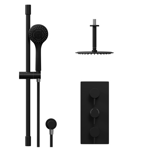 Colore Round Matt Black Concealed Triple Thermostatic Shower Valve and 200mm Thin Round Fixed Head with 150mm Ceiling Arm and Round Slide Rail Kit with Round Elbow - 2 Outlet Front View