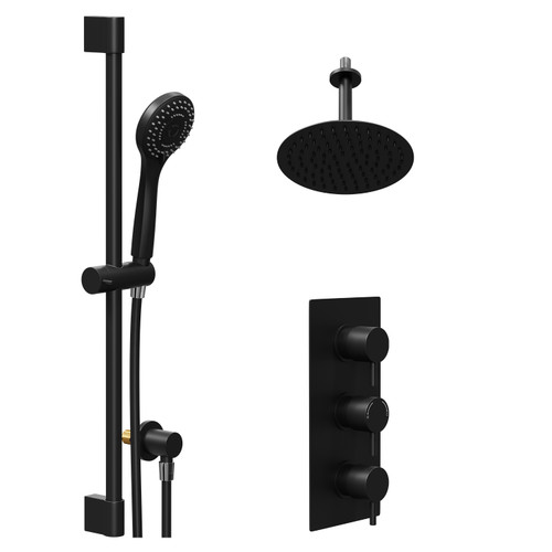 Colore Round Matt Black Concealed Triple Thermostatic Shower Valve and 200mm Thin Round Fixed Head with 150mm Ceiling Arm and Round Slide Rail Kit with Round Elbow - 2 Outlet Left Hand View
