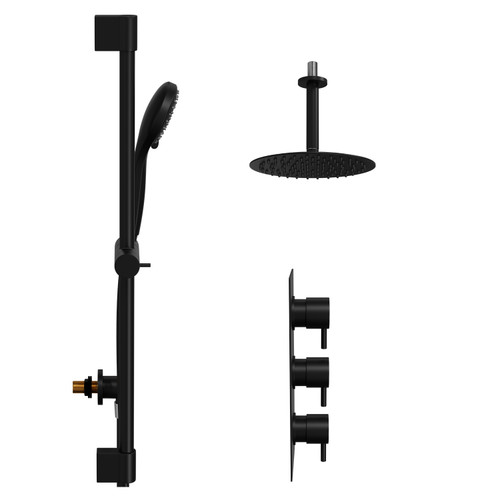 Colore Round Matt Black Concealed Triple Thermostatic Shower Valve and 200mm Thin Round Fixed Head with 150mm Ceiling Arm and Round Slide Rail Kit with Round Elbow - 2 Outlet Side View
