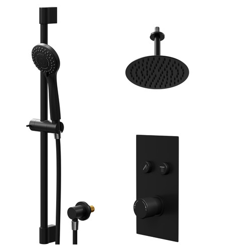 Colore Round Matt Black Concealed Push Button Shower Valve and 200mm Thin Round Fixed Head with 150mm Ceiling Arm and Round Slide Rail Kit with Round Elbow - 2 Outlet Right Hand View