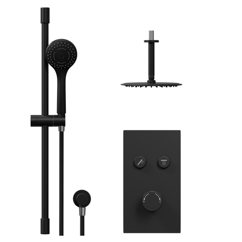 Colore Round Matt Black Concealed Push Button Shower Valve and 200mm Thin Round Fixed Head with 150mm Ceiling Arm and Round Slide Rail Kit with Round Elbow - 2 Outlet Front View