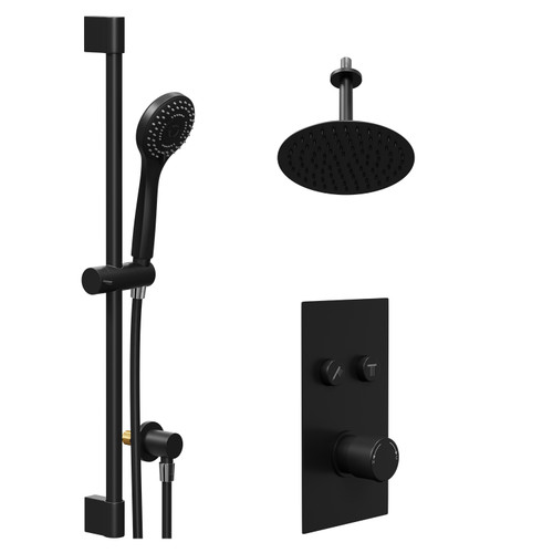 Colore Round Matt Black Concealed Push Button Shower Valve and 200mm Thin Round Fixed Head with 150mm Ceiling Arm and Round Slide Rail Kit with Round Elbow - 2 Outlet Left Hand View