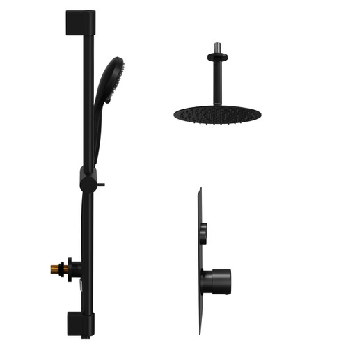 Colore Round Matt Black Concealed Push Button Shower Valve and 200mm Thin Round Fixed Head with 150mm Ceiling Arm and Round Slide Rail Kit with Round Elbow - 2 Outlet Side View