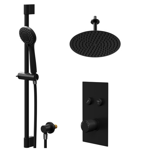 Colore Round Matt Black Concealed Push Button Shower Valve and 300mm Thin Round Fixed Head with 150mm Ceiling Arm and Round Slide Rail Kit with Round Elbow - 2 Outlet Right Hand View