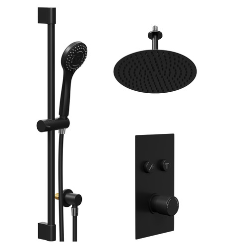 Colore Round Matt Black Concealed Push Button Shower Valve and 300mm Thin Round Fixed Head with 150mm Ceiling Arm and Round Slide Rail Kit with Round Elbow - 2 Outlet Left Hand View