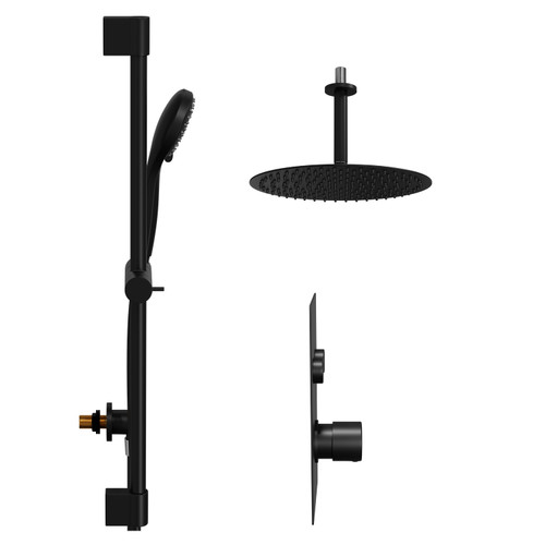 Colore Round Matt Black Concealed Push Button Shower Valve and 300mm Thin Round Fixed Head with 150mm Ceiling Arm and Round Slide Rail Kit with Round Elbow - 2 Outlet Side View