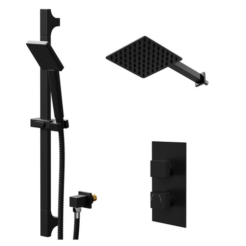 Colore Square Matt Black Concealed Twin Thermostatic Shower Valve with Diverter and 200mm Fixed Head with 345mm Wall Arm and Slide Rail Kit - 2 Outlet Right Hand View