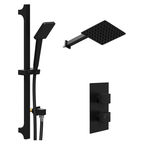 Colore Square Matt Black Concealed Twin Thermostatic Shower Valve with Diverter and 200mm Fixed Head with 345mm Wall Arm and Slide Rail Kit - 2 Outlet Left Hand View