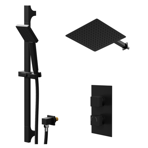 Colore Square Matt Black Concealed Twin Thermostatic Shower Valve with Diverter and 300mm Fixed Head with 345mm Wall Arm and Slide Rail Kit - 2 Outlet Right Hand View