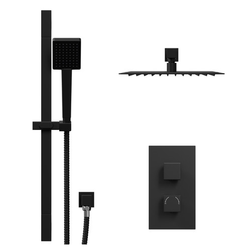 Colore Square Matt Black Concealed Twin Thermostatic Shower Valve with Diverter and 300mm Fixed Head with 345mm Wall Arm and Slide Rail Kit - 2 Outlet Front View