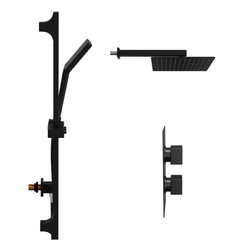 Colore Square Matt Black Concealed Twin Thermostatic Shower Valve with Diverter and 300mm Fixed Head with 345mm Wall Arm and Slide Rail Kit - 2 Outlet Side View