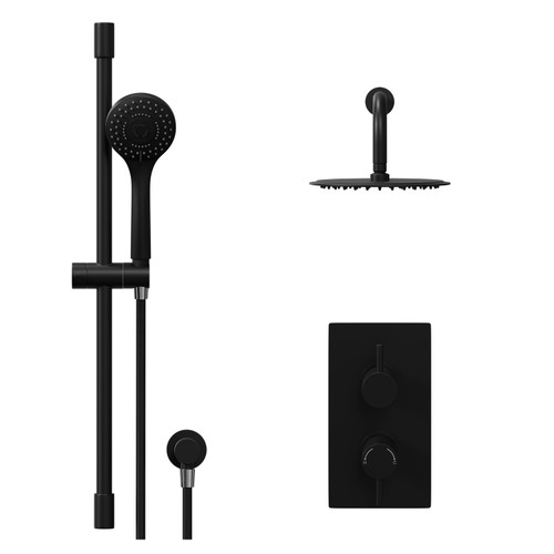 Colore Round Matt Black Concealed Twin Thermostatic Shower Valve with Diverter and 200mm Fixed Head with 345mm Wall Arm and Slide Rail Kit - 2 Outlet Front View