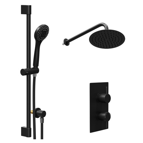 Colore Round Matt Black Concealed Twin Thermostatic Shower Valve with Diverter and 200mm Fixed Head with 345mm Wall Arm and Slide Rail Kit - 2 Outlet Left Hand View