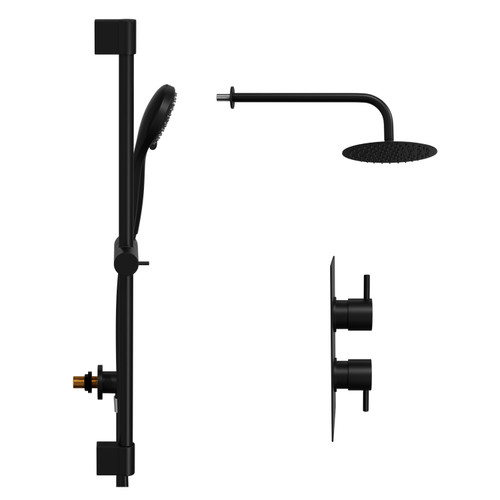 Colore Round Matt Black Concealed Twin Thermostatic Shower Valve with Diverter and 200mm Fixed Head with 345mm Wall Arm and Slide Rail Kit - 2 Outlet Side View