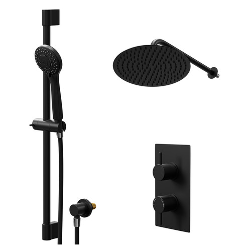 Colore Round Matt Black Concealed Twin Thermostatic Shower Valve with Diverter and 300mm Fixed Head with 345mm Wall Arm and Slide Rail Kit - 2 Outlet Right Hand View