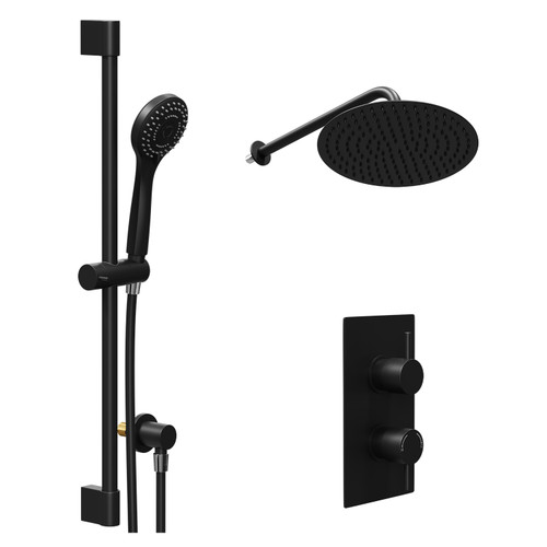 Colore Round Matt Black Concealed Twin Thermostatic Shower Valve with Diverter and 300mm Fixed Head with 345mm Wall Arm and Slide Rail Kit - 2 Outlet Left Hand View