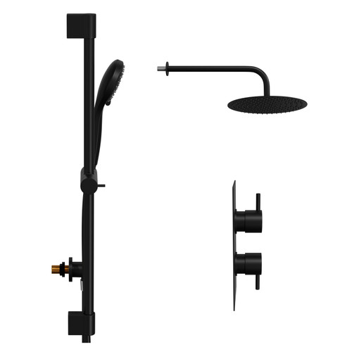Colore Round Matt Black Concealed Twin Thermostatic Shower Valve with Diverter and 300mm Fixed Head with 345mm Wall Arm and Slide Rail Kit - 2 Outlet Side View