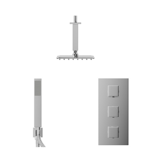 Cubix Polished Chrome Concealed Triple Thermostatic Shower Valve and 200mm Square Head with 150mm Ceiling Arm and Outlet Holder with Kit - 2 Outlet Front View Cubix Polished Chrome Concealed Triple Thermostatic Shower Valve and 200mm Square Head with 150mm Ceiling Arm and Outlet Holder with Kit - 2 Outlet Front View