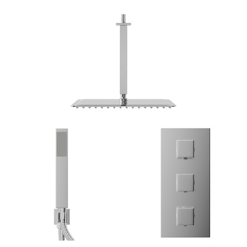 Cubix Polished Chrome Concealed Triple Thermostatic Shower Valve and 400mm Square Head with 300mm Ceiling Arm and Outlet Holder with Kit - 2 Outlet Front View