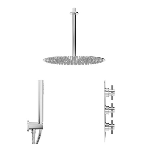 Cross Polished Chrome Concealed Triple Thermostatic Shower Valve and 400mm Round Head with 300mm Ceiling Arm and Outlet Holder with Kit - 2 Outlet Side View