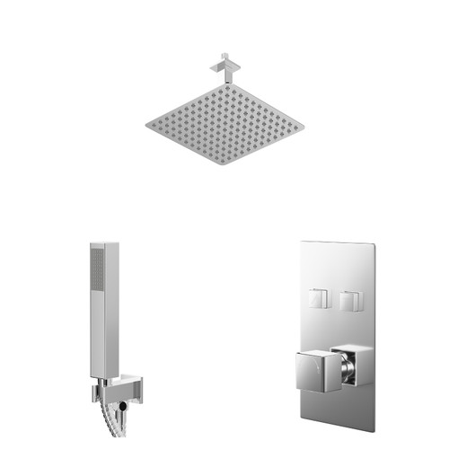 Cubix Polished Chrome Push Button Diverter Concealed Thermostatic Shower Valve and 300mm Square Head with 150mm Ceiling Arm and Outlet Holder with Kit - 2 Outlet Right Hand View