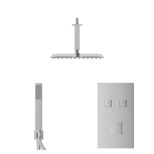 Cubix Polished Chrome Push Button Diverter Concealed Thermostatic Shower Valve and 300mm Square Head with 150mm Ceiling Arm and Outlet Holder with Kit - 2 Outlet Front View