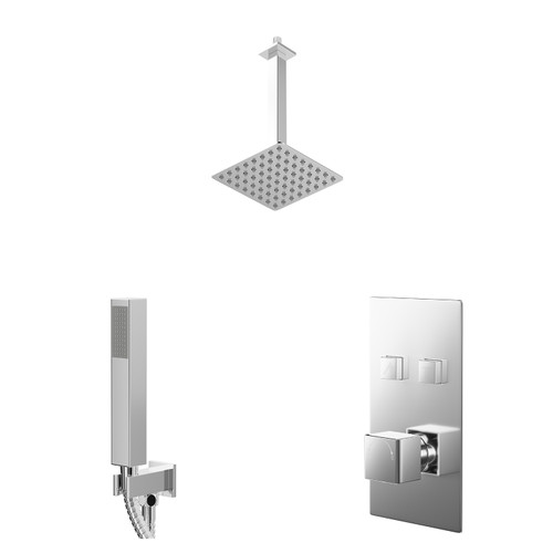 Cubix Polished Chrome Push Button Diverter Concealed Thermostatic Shower Valve and 200mm Square Head with 300mm Ceiling Arm and Outlet Holder with Kit - 2 Outlet Right Hand View