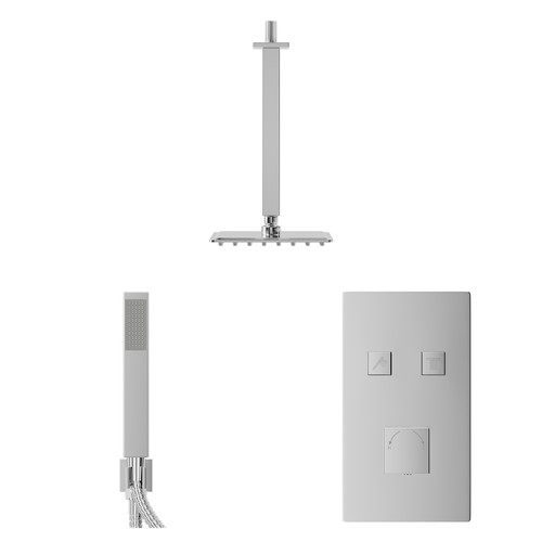 Cubix Polished Chrome Push Button Diverter Concealed Thermostatic Shower Valve and 200mm Square Head with 300mm Ceiling Arm and Outlet Holder with Kit - 2 Outlet Front View