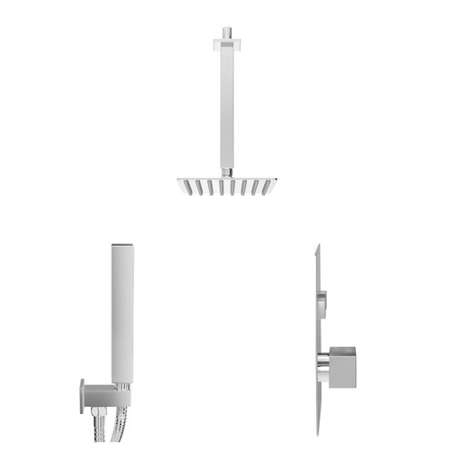Cubix Polished Chrome Push Button Diverter Concealed Thermostatic Shower Valve and 200mm Square Head with 300mm Ceiling Arm and Outlet Holder with Kit - 2 Outlet Side View