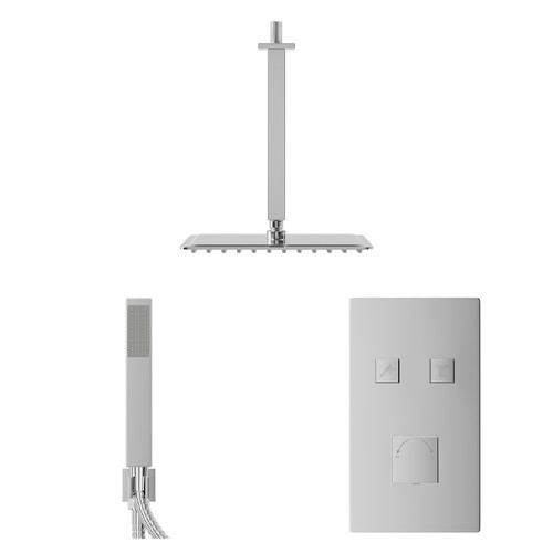 Cubix Polished Chrome Push Button Diverter Concealed Thermostatic Shower Valve and 300mm Square Head with 300mm Ceiling Arm and Outlet Holder with Kit - 2 Outlet Front View