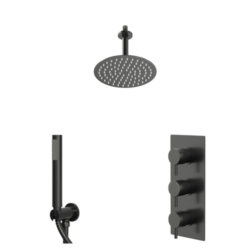 Colore Round Gunmetal Grey Concealed Triple Thermostatic Shower Valve and 200mm Fixed Head with 150mm Ceiling Arm and Outlet Holder with Kit - 2 Outlet Right Hand View