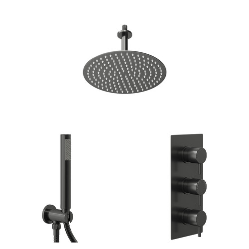 Colore Round Gunmetal Grey Concealed Triple Thermostatic Shower Valve and 300mm Fixed Head with 150mm Ceiling Arm and Outlet Holder with Kit - 2 Outlet Left Hand View